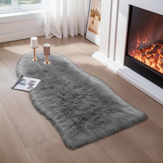 Ciicool Ultra Soft Faux Sheepskin Fur Rug Fluffy Chair Rug for Sofa Couch Seat Cushion.Shaggy Furry Small 2x4 Grey Bedroom Fuzzy Carpet for Living Room Kid's Room Nursery Decor