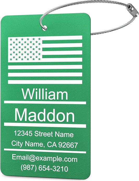 Luggage Tags for Suitcase - Green Personalized Engraved Metal Tag for Cruise Travel - Custom Name Tags Suitable for Bags and Backpacks
