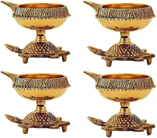 SATVIK 4 Pc Brass Kuber Turtle Diya for Diwali Decoration Handmade Oil Lamp with Golden Engraved Virgin Brass Metal Diwali Diya Vilakku