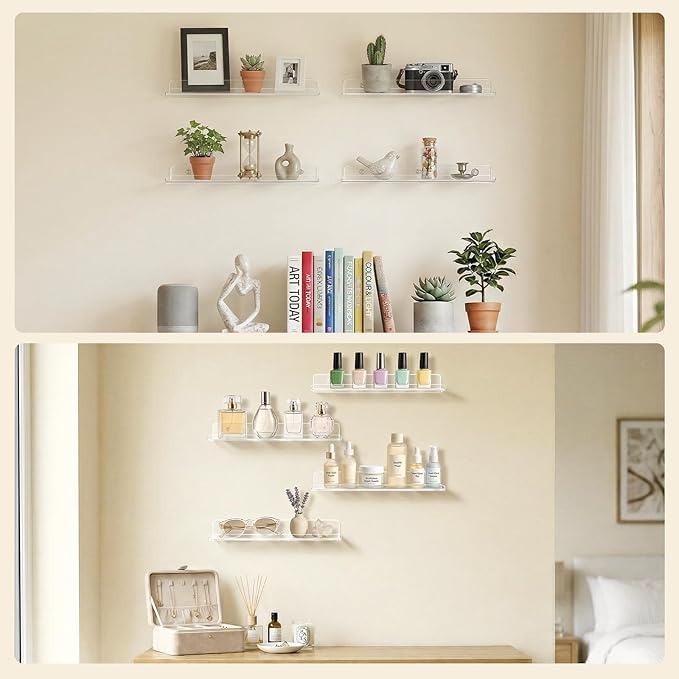 Lifewit Floating Shelves for Bathroom, 15" Acrylic Wall Organizer for Perfume, Makeup, Figures, Nail Polish, Photo, Book, Decor Display Rack for Nursery, Living Room, Bedroom, Kitchen, Clear, 8 Pack