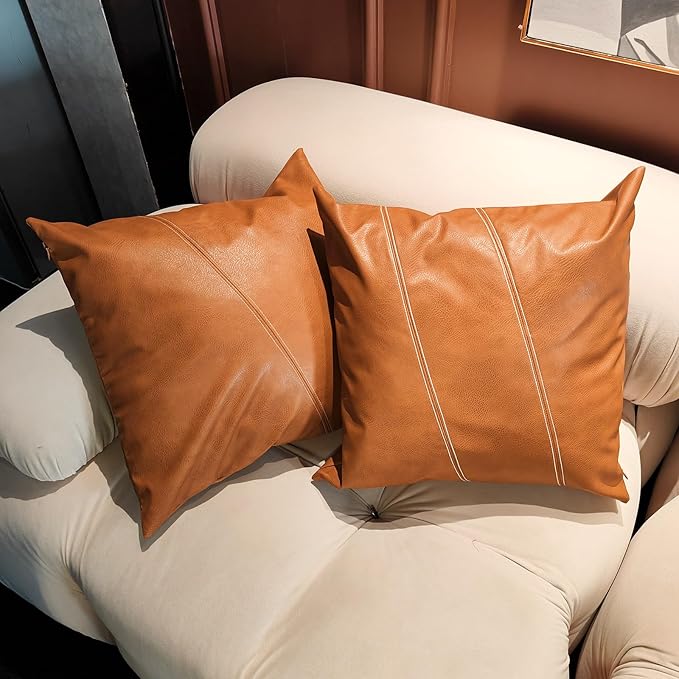 Faux Leather Throw Pillow Covers 24X24 Inch Barcelona Brown Outdoor Modern Farmhouse Solid Decorative Pillow Covers for Room Couch Living Bedroom Bed Sofa