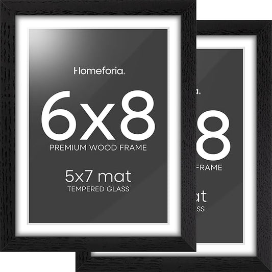 Homeforia 8x6 Black Wood Frame, High End Oak 6x8 Black Wooden Picture Frames with Mat 5x7 Art, 6 x 8 Frame Matted to 5 by 7 inch Photo, 6x8 Wall or Tabletop Frames, Tempered Glass, Wall Kit, Set of 2