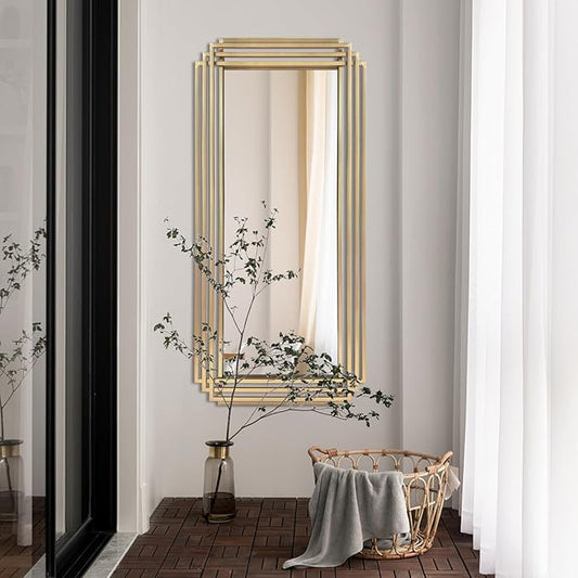 Gold Rectangle Mirror, 47"x22" Geometric Art Deco Mirror with Metal Frame, Modern Elegant Wall Mirrors for Living Room Bathroom Bedroom Entryway Hallway, Hangs Vertically or Horizontally