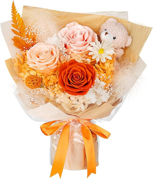 Preserved Flowers Bouquet with Bear, 3 Real Forever Flowers for Delivery, Long-Lasting Orange Eteranl Roses Bouquet, Anniversary Birthday Valentine Gifts for Women Mom Grandma Her Wife Girlfriend