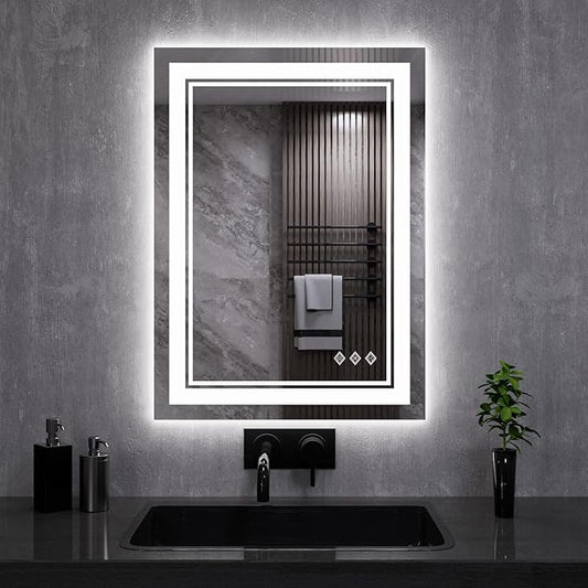 LED Mirror, 20x28 Inch Gradient Front and Backlit LED Bathroom Mirror, 3 Colors Dimmable CRI>90, IP54 Enhanced Anti-Fog Bathroom Mirror with Lights
