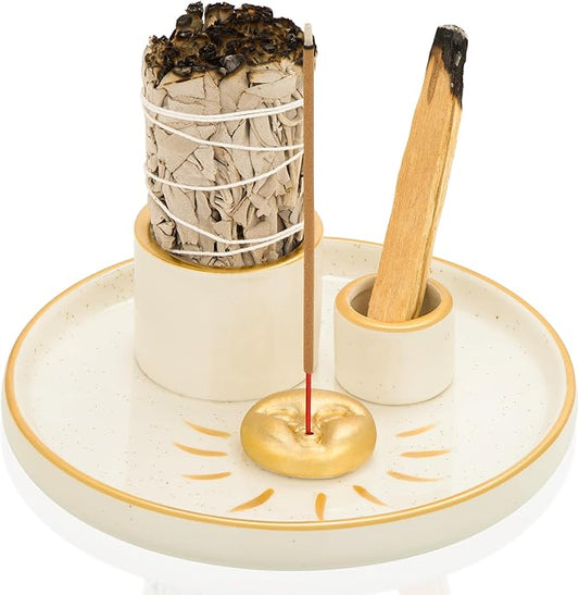 ZenBless Multifunction Incense and Candle Holder for Burning Sage, Palo Santo, Incense Sticks - 5.9" Ceramic Ash Catcher Tray for Meditation Room Home Decor (Gold)