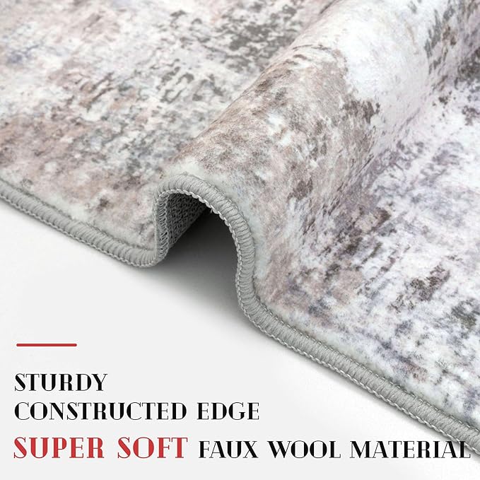 Modern Abstract Runner Rug 2x10, Beige Grey Neutral Washable Long Kitchen Runner Non-Slip Soft Hallway Rug Runner Thin Print Faux Wool Carpet for Entryway Bedroom Laundry Room Indoor