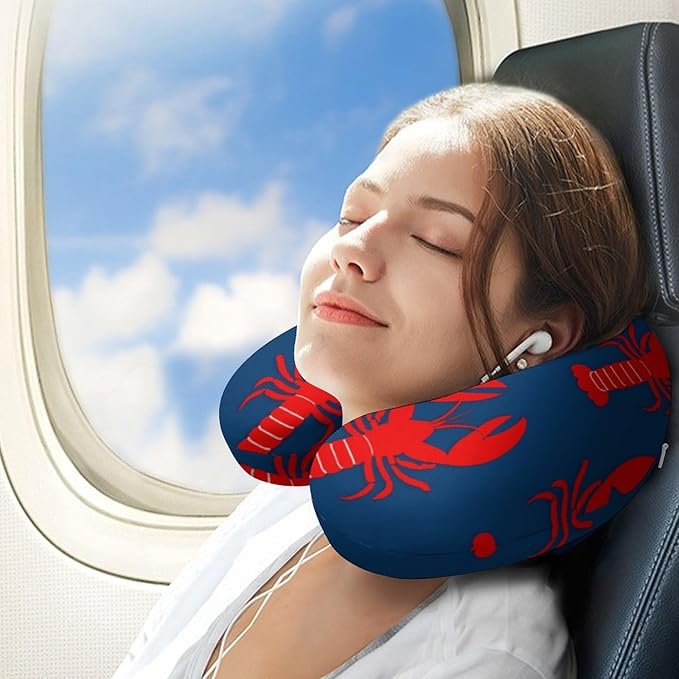 Unisex Travel Pillow U-Shaped Memory Foam Neck Support, Red Lobster American Flag Color Navy Blue U-Shape, Washable Airplane Car Nap Cushion