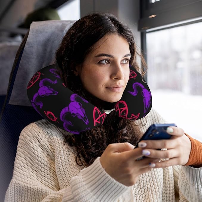 Neck Travel Pillow, Breathable Memory Foam Chin & Head Support Cushion Mystical Ram Skull for Airplane Car Sleeping Rest