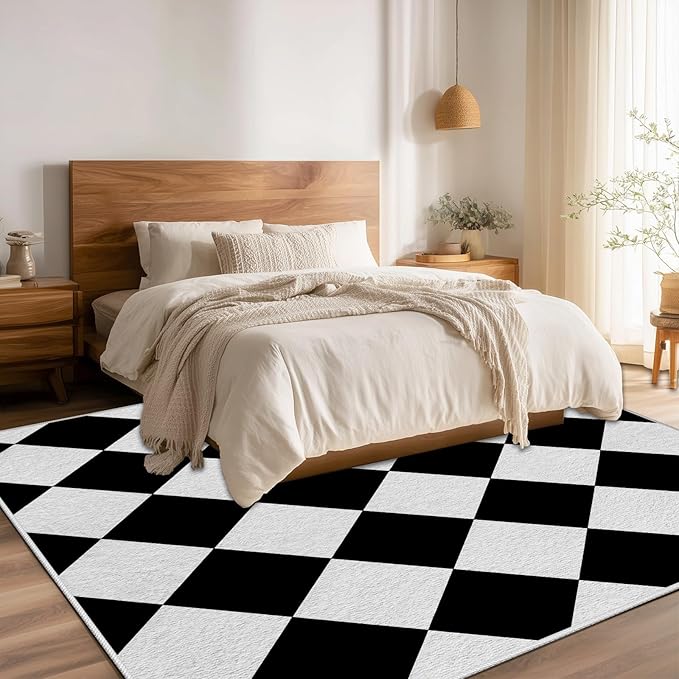 Checkered Rug, Black White Rug, Washable Rugs 4x6, Geometric Rhombus Plaid Area Rugs, Grid Gingham Carpet for Living Room Non Slip Home Decor