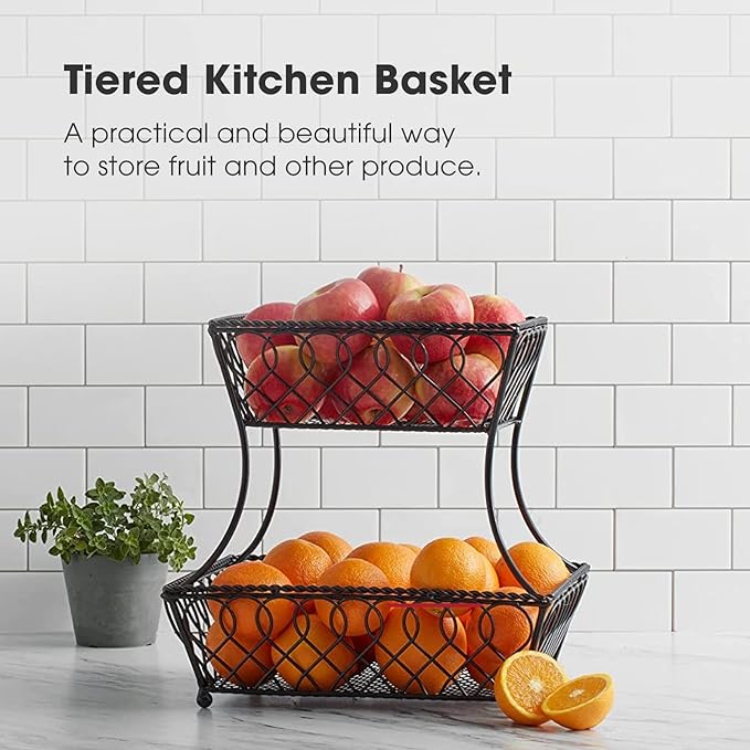 Gourmet Basics by Mikasa 2-Tier Loop and Lattice Countertop Fruit Basket, Round Metal Storage for Kitchen or Dining Table, 14 Inch, Antique Black