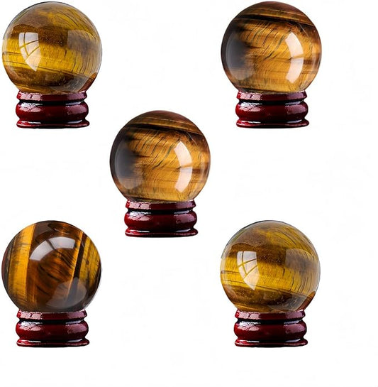 Natural Clear Quartz Crystal Sphere with Stand，5PC Real Crystals Ball, Clear Quartz Small Ball Decor (Tiger Eye Ball)