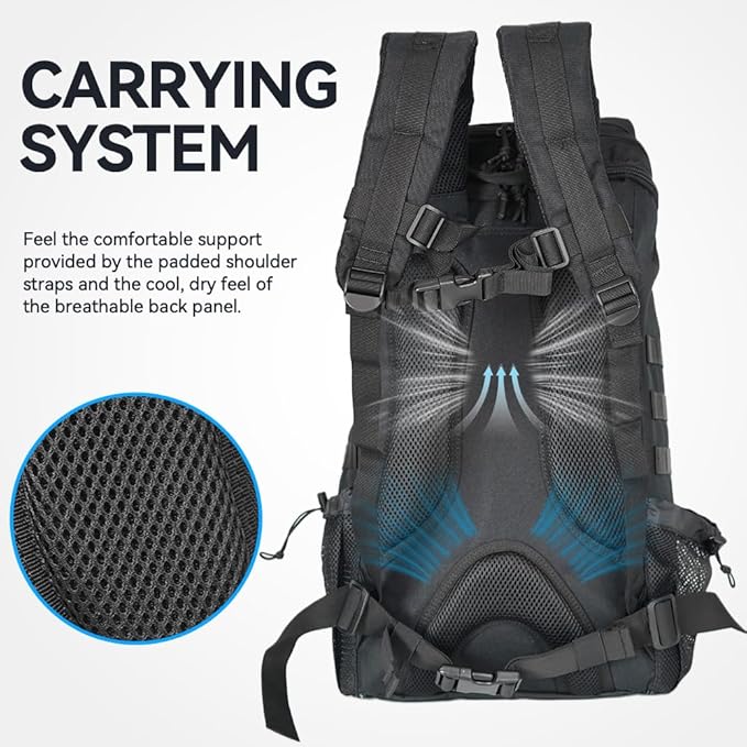 Hiking Backpack 25L for Men & Women, Waterproof Breathable Daypack, Lightweight Camping Backpacking Backpack with MOLLE System-Black
