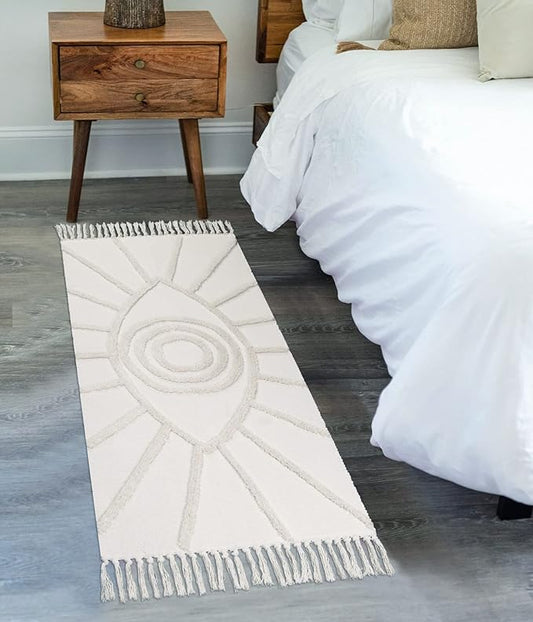 Uphome Kitchen Runner Rug 2'x4.3' Beige Evil Eye Tufted Boho Rug with Tassels Soft Cotton Washable Entryway Rugs Modern Minimalist Accent Rug for Bedroom Doormat Hallway Laundry Room