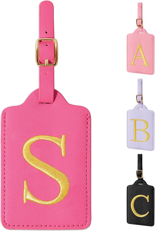 Personalized Initial Luggage Tags for Suitcase, Rose Red Leather Cute Luggage Tags with Privacy Cover Name Card, Embroidered Custom Monogram Luggage Tags Travel Backpack Tag Gifts for Women Kids(S)