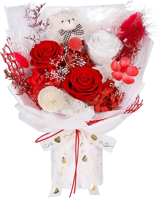 Preserved Flowers Bouquet with Bear, 3 Real Forever Flowers for Delivery, Long-Lasting Red Eteranl Roses Bouquet, Anniversary Birthday Valentine Gifts for Women Mom Her Wife Girlfriend Teenage Girls