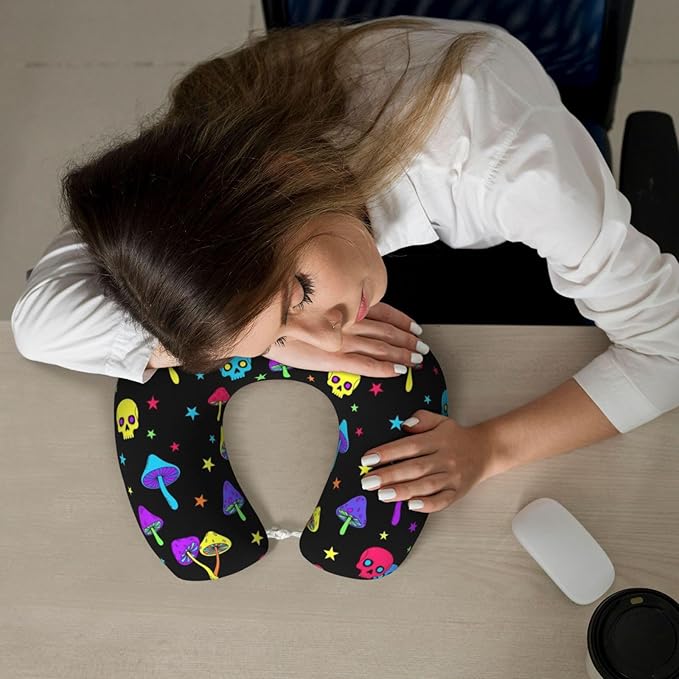 Neck Pillow Memory Foam Travel Pillows Comfortable for Airplane Flight Car Travel Office Nap and Sleeping, Funny Cushion for Head Shoulder Trippy Mushroom Skull