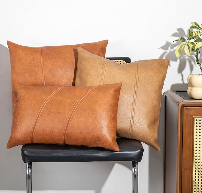 Faux Leather Throw Pillow Covers 12X20 Inch Set of 2 Milan Brown Outdoor Modern Farmhouse Solid Decorative Pillow Covers for Room Couch Living Bedroom Bed Sofa