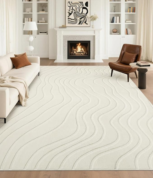 YIHOUSE 8x10 Abstract Line Area Rug, Modern Washable Stain Resistant Rugs Non Slip, Soft Indoor Large Floor Carpet for Living Room, Bedroom,Dining Room, White