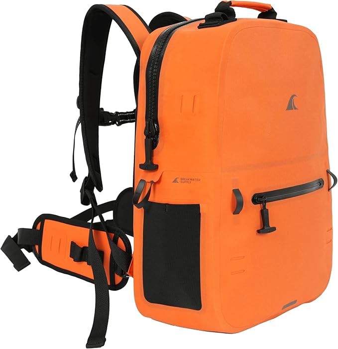 Breakwater Supply™ River Ute Waterproof IP68 Utility Backpack, Floating TPU Submersible Dry Bag with Padded Hip Belt and Airtight Zippers | 20L (River Ute 20L Safety Orange)