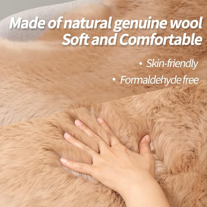 Premium Genuine Fur Sheepskin Rug Real Australia Sheepskin Natural Luxury Fluffy Lambskin Fur Area Rug Seat Covers for Kids Bedroom Sofa Chair Cover (Light Brown, Double Pelt/2ft x 6ft)