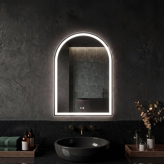 Sweetcrispy 20"×28" LED Bathroom Mirror with Lights, Arched Vanity Mirror with Anti-Fog, Dimmable, 3-Color Light, Memory Function, Tempered Glass