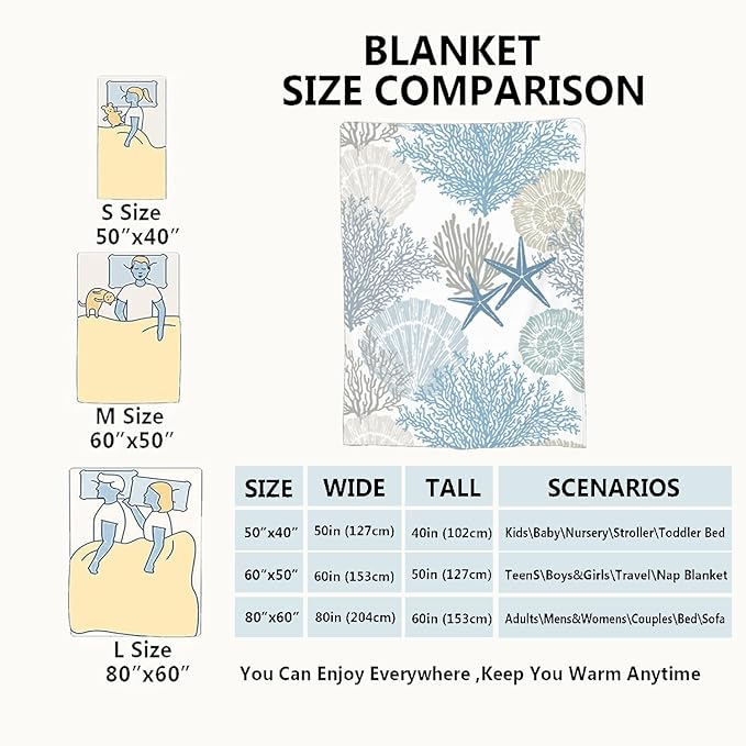 Nautical Coastal Blanket Starfish Seashell Coral Beach Themed Throw Blankets Gifts for Adults Sea Ocean Theme Lightweight Soft Fleece Cozy for Sofa Couch Bed Room Birthday Decor 50x60in