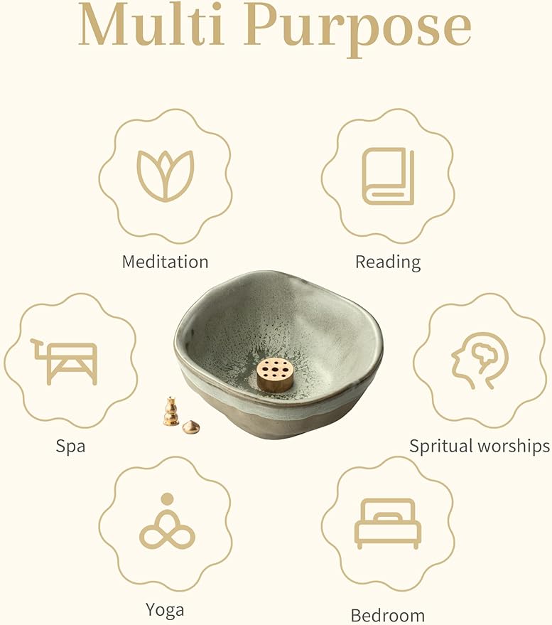 Incense Holder with 3 Incense Sockets, 4 In 1 Incense Burner Holder 4.25 Inch Incense Holder for Sticks, Ceramic Incense Stick Holder for Palo Santo, Cone Incense, Meditation, Yoga, Sage Green