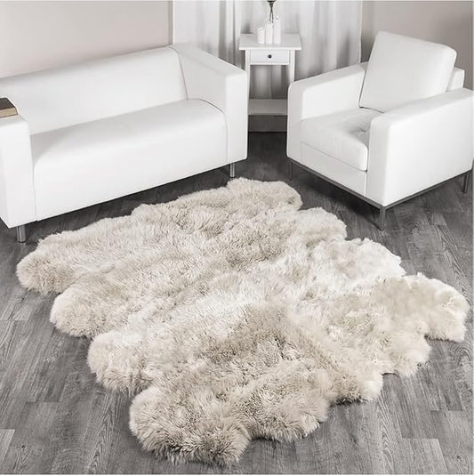 HUAHOO Premium Genuine Sheepskin Rug Real Australia Sheepskin Natural Luxury Fluffy Lambskin Fur Area Rug Seat Covers for Kids Bedroom Sofa Chair Cover Pets Dogs Mat Eight Pelt /6.2' x 7' Linen