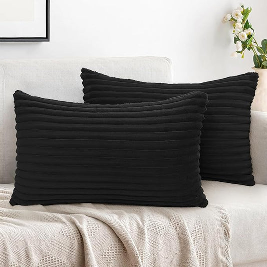 Simmore Decorative Spring Throw Pillow Covers 12x20 Set of 2, Soft Natural Plush Flannel Double-Sided Fluffy Lumbar Pillow Covers for Couch Sofa Living Room, Black
