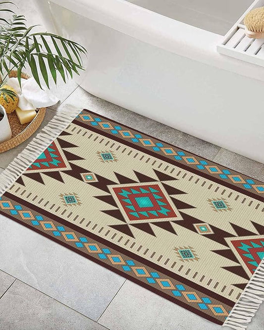 Boho Southwestern Entryway Rug 2X3 Ft Bathroom Mat, Washable Woven Aztec Abstract Geometric Throw Carpet with Tassel, Non-Shedding Vintage Native American Patterned Indoor Outdoor Kitchen Doormats