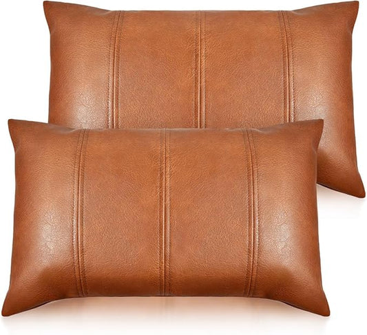 Faux Leather Throw Pillow Cover 12X24 Set of 2 Inch Brown Outdoor Modern Farmhouse Solid Decorative Pillow Covers for Room Couch Living Bedroom Bed Sofa