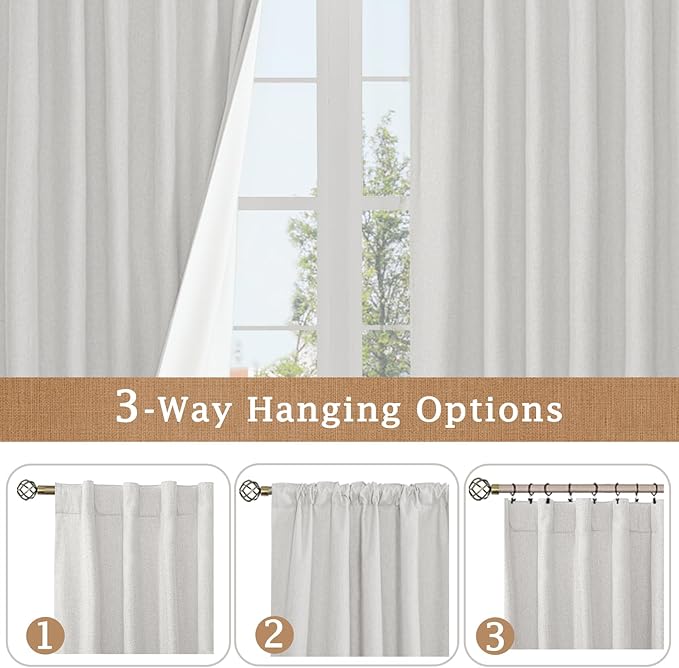 LAMIT Light Grey Linen Full Blackout Window Curtains for Bedroom, 54 Inches Thermal Farmhouse Curtains Back Tab and Rod Pocket Privacy Protected Burlap Panels with White Liner, 2 Panels, 52 x 54 Inch