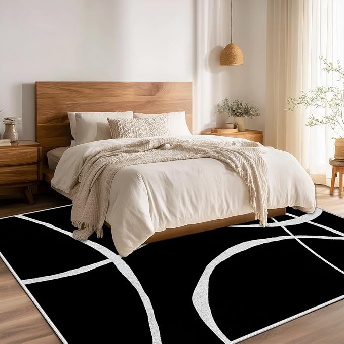 Black and White Rugs, Abstract Rug, Modern Minimalist Rug, Curved Line Design Carpet, Black and White Abstract Rugs Washable Non Slip for Living Room Home Decor 4x5