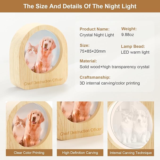 Custom 3D Crystal Photo Night Light Personalized Photo Crystal Ball Engraved Picture Lamp with Wood Base Memorial Gift for Pets Family Couple Birthday Valentine's Day (Style 4)