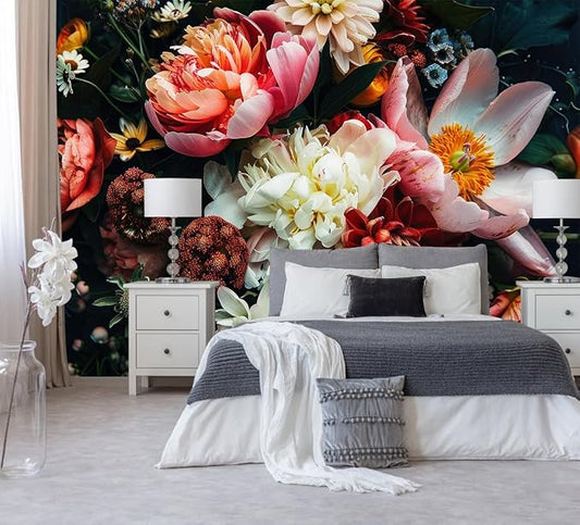 Large Floral Wallpaper Dark Peony Flowers Wall Mural for Living Room Bedroom（Not Peel and Stick）