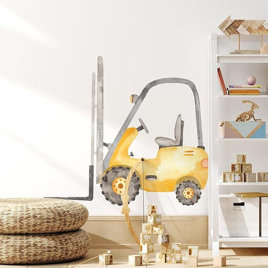Construction Forklift Wall Decal for Boys Room, Lift Truck Construction Eqipment Peel Stick Removable Fabric Wall Sticker, Nursery or Playroom Decor, Repositionable (24 inch: 21" Tall x 24" Wide)