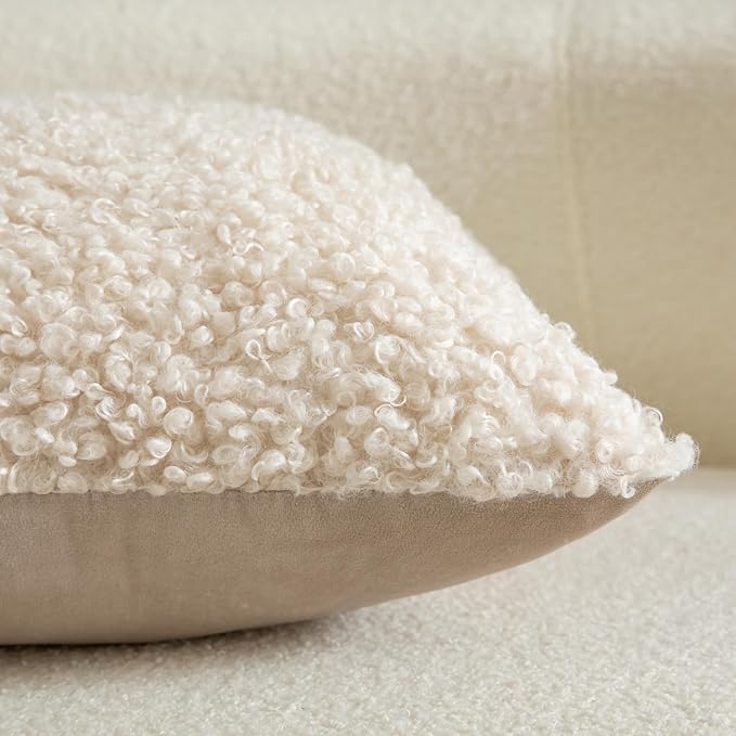 Yaertun Pack of 2 Faux Fur Throw Pillow Covers Decorative Sherpa Boucle Pillow Covers Fuzzy Soft Pillowcases Sheepskin Fleece Cushion Case for Couch Sofa Bed Living Room 24x24 Inch Beige