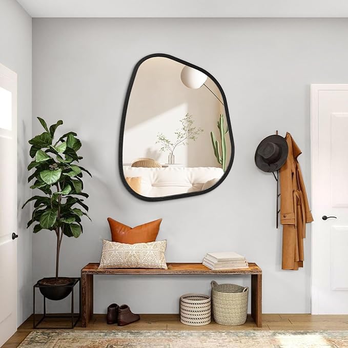 Irregular Bathroom Mirror Modern Oval Wall Mirror Asymmetrical Wooden Framed Wall Mirror Unique Shape Wall Mounted Vanity Artistic Mirror Decor for Living Room Bedroom Entryway Large 26"x18"
