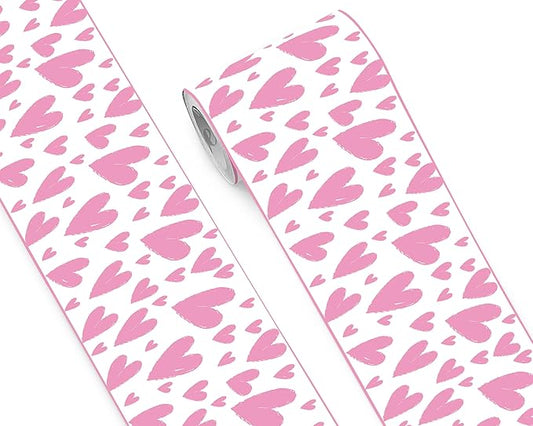 FLFK Pink Heart Wallpaper Border - Peel and Stick Wall Paper, Self Adhesive Removable PVC Borders Sticker, Modern Waterproof Trim for Home Decor, 8" x 240"