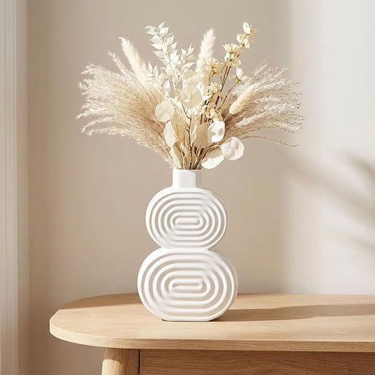 Decorative Flower Vase for Home Decor – Ceramic Modern Flower Vase with Stacked Design, Stylish Table Centerpiece for Living Room or Entry Display - Boho for Faux Flowers and Greenery – 10", White