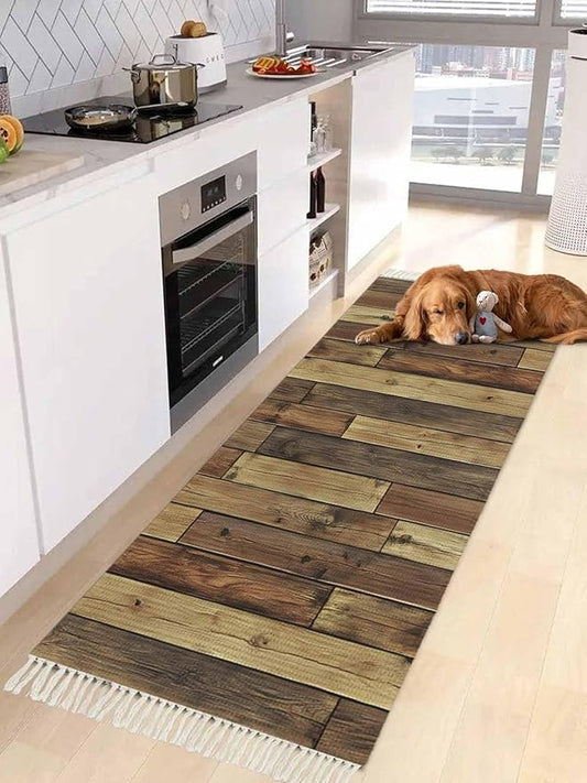 Brown Hallway Runner Rug 2X6 Ft Kitchen Carpet, Washable Woven Vintage Country Wooden Grain Throw Carpet with Tassel, Non-Shedding Farmhouse Cabin Retro Plank Stitching Art Bedroom Laundry Rugs