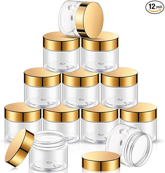 SATINIOR 12 Pack 8 oz Plastic Container Jars with Lids Round Clear Travel Cosmetic Container Slime Jars for Toiletries, Lotion, Cream, Ointments, Makeup, Rhinestone, Samples, Kitchen Storage(Gold)