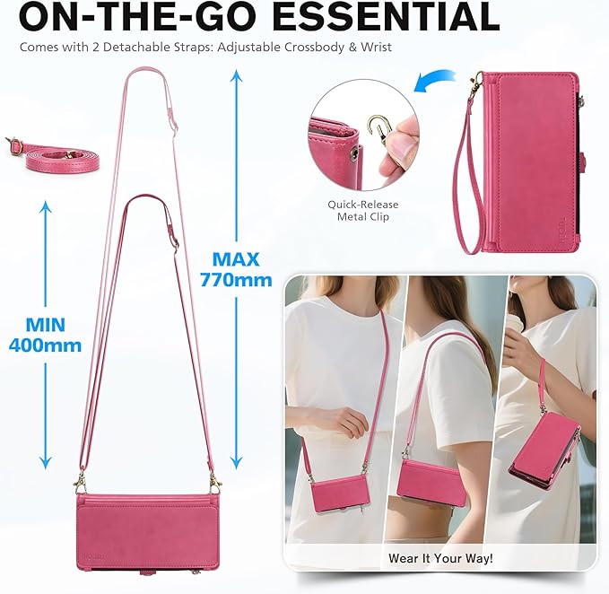 TUCCH Detachable Crossbody Case Wallet for iPhone 17 (6.3"), Wireless Charging | RFID Blocking 9 Card Holders | Lanyard | Wrist Strap | Stand | Zipper Pocket | PU Leather | Magnetic Cover | Hot Pink