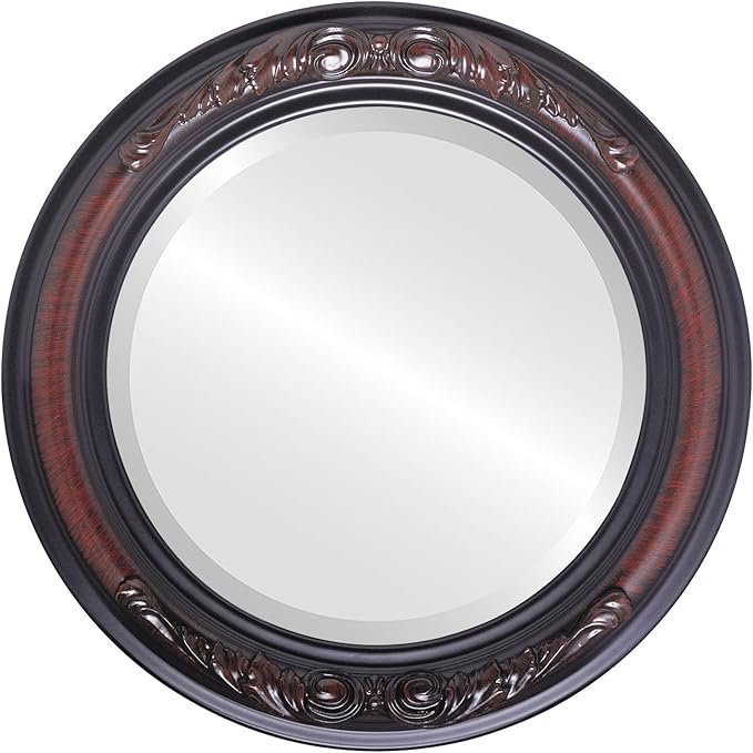 OVALCREST Round Beveled Wall Mirror for Home Decor - Florence Style - Vintage Cherry - 18x18 Outside Dimensions