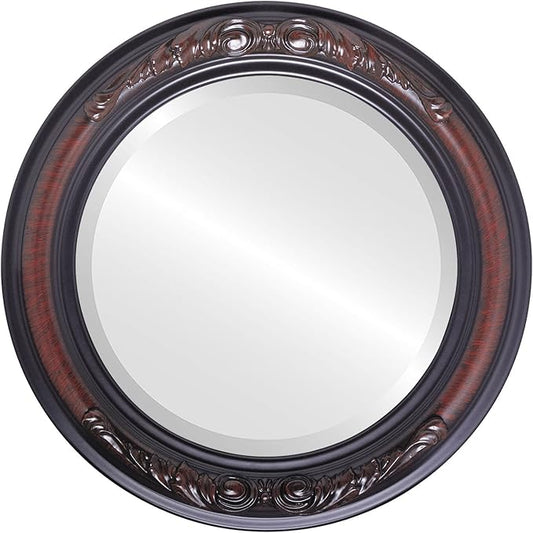 OVALCREST Round Beveled Wall Mirror for Home Decor - Florence Style - Vintage Cherry - 28x28 Outside Dimensions