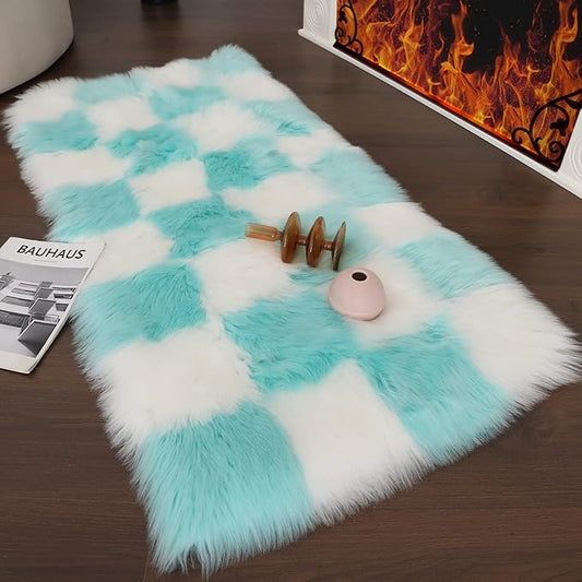Fluffy Faux Fur Blue and White Checkered Rug，Small Area Rug,2x4 Ft Ultra Soft Shaggy Plush Rug for Bedroom Living Room Bedside Nursery Kids Room