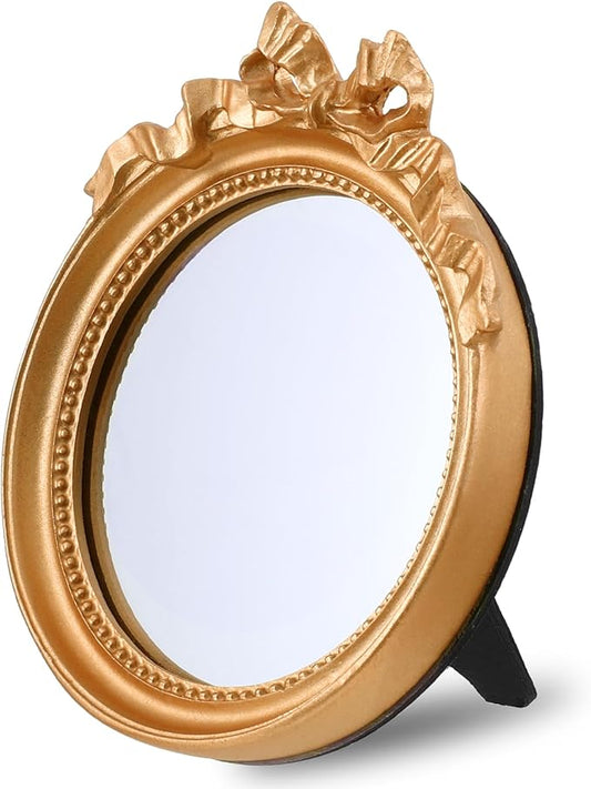Small Wall Mirror 4.2'' Gold Vintage Makeup Desk Mirror Traditional Roundness Table Mirror Antique Mirror with Resin Frame Decorative Hanging Mirror for Bedroom Bathroom Tabletop Wall
