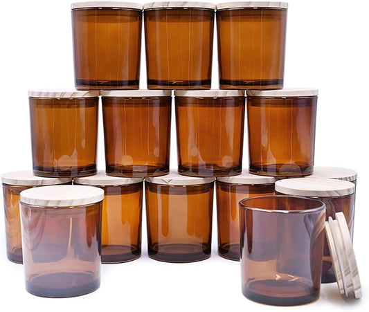 8 OZ Thick Candle Jars for Making Candles 15 Pcs, Brown Empty Jars with Wood Lids for Candle Making, Sample Container,Clear Brown