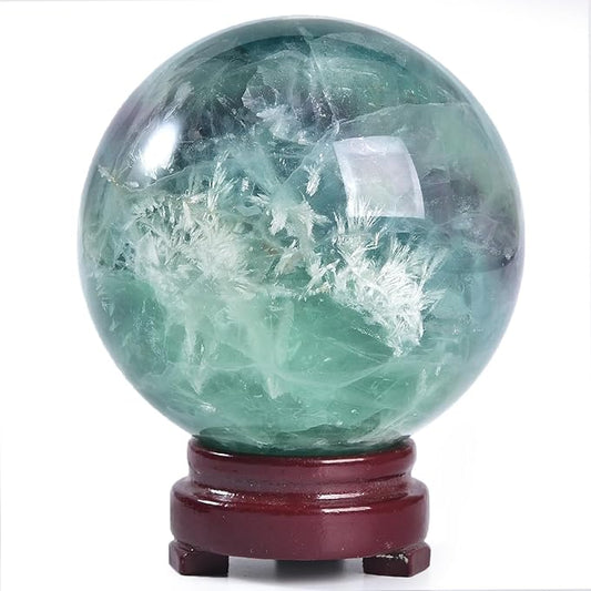 JIC Gem 2.7-3.1 inch(70-80mm) Large Crystal Ball Feather Fluorite Healing Crystals Sphere with Wooden Stand Meditation Home Decor